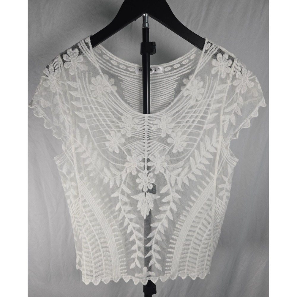 Ivory Embroidered  Floral Mesh Lace Sheer Top Size L Fairy Cottagecore Whimsical